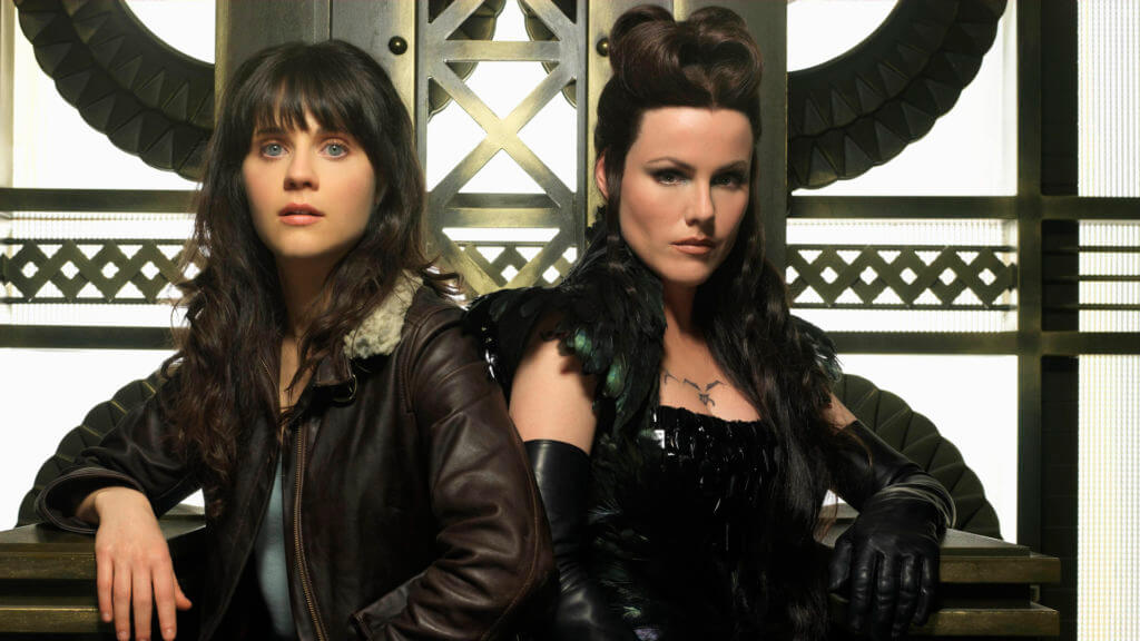 TIN MAN -- Pictured: (l-r) Zooey Deschanel as DG, Kathleen Robertson as Azkadelia -- SCI FI Channel Photo: Art Streiber TIN MAN -- Pictured: (l-r) Zooey Deschanel as DG, Kathleen Robertson as Azkadelia -- SCI FI Channel Photo: Art Streiber